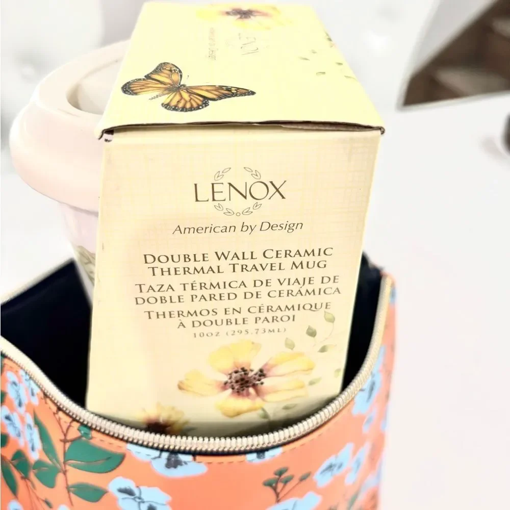 GLAM PACK!! Orange and Blue Floral Cosmetic Bag with Lenox Butterfly Meadow Mug